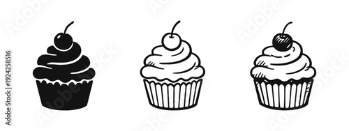 Collection of Cupcake Icons with Cherries in Silhouette, Outline, and Sketch Art