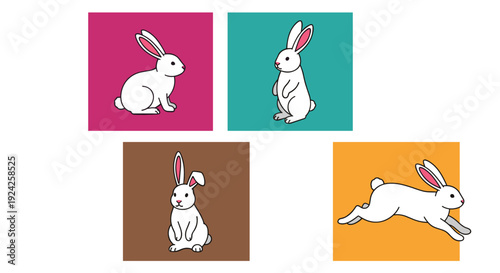 A collection of cute rabbit illustrations in colorful flat vector style, perfect for children's design and Easter themes