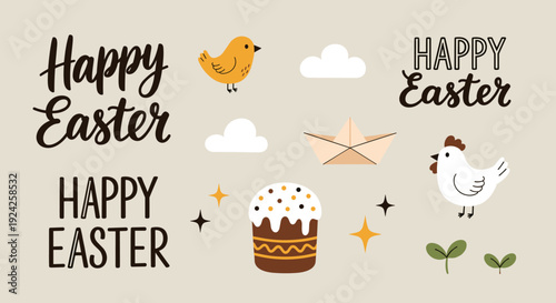 A collection of Easter-themed illustrations including a chick, cake, stars, and handwritten text in a playful vector style, perfect for greeting cards and festive decorations