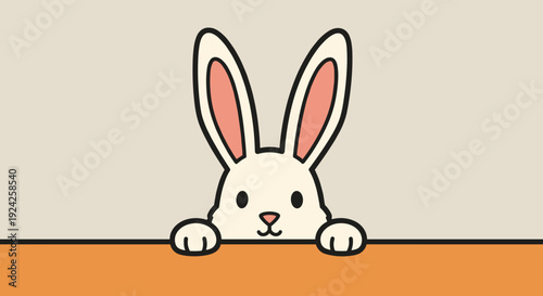 A cute cartoon rabbit peeking over a table in flat minimalist vector style, suitable for children's design and illustrations