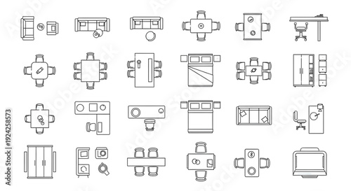 Furniture Outline Top View Icon Set – Interior and Architectural Design Vector Icons for Floor Plans