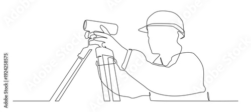 A minimalist continuous line illustration of a surveyor or engineer using a theodolite on a tripod. Ideal for technical presentations, educational materials, infographics, manuals, posters, etc.