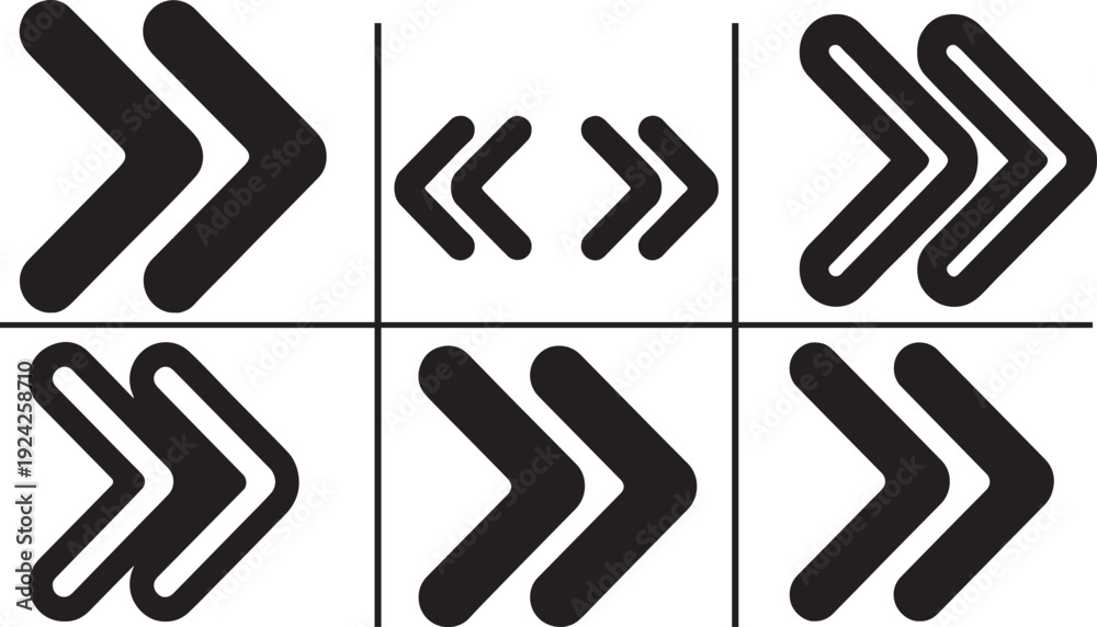 Obraz premium Double rounded chevron arrow icons set for fast forward, skip, next, open, close, sidebar tabs .