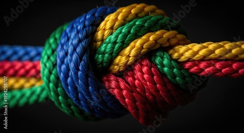 Close up of a colorful knotted rope on black background conceptual design