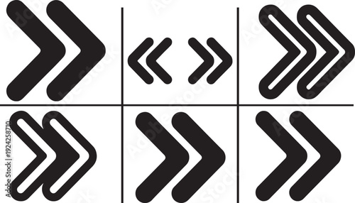 Double rounded chevron arrow icons set for fast forward, skip, next, open, close, sidebar tabs .