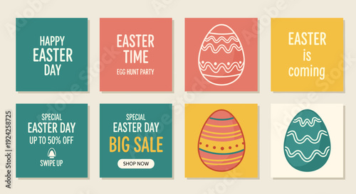 A collection of colorful Easter-themed cards featuring messages about Easter Day, egg hunts, and sales in a modern vector style, ideal for social media and event promotions