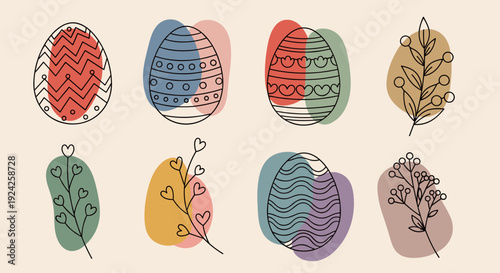 A collection of colorful decorated Easter eggs and leaves in modern minimalist vector style, perfect for spring celebrations and holiday designs