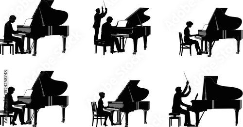 Silhouettes of musicians playing grand pianos in a row isolated on white background, Vector, illustration