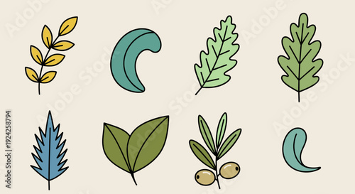 A collection of various leaves in colorful and minimalist vector style, ideal for botanical designs and eco-friendly projects