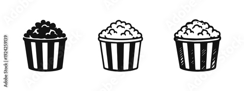 Popcorn Bucket Icon Set. Cinema Snack, Movie Night, and Entertainment Vector Illustration.