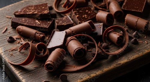 Close up of chocolate pieces and curls on a wooden surface for food concepts