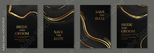 Luxury black liquid marble backgrounds with golden waves for wedding invitations or greeting cards or business.