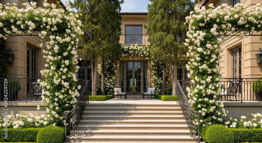 Fototapeta premium Luxury mansion entrance with white rose arch