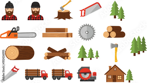 Flat vector illustration set of lumberjack characters and woodworking tools including chainsaws axes log trucks pine trees and timber for forestry industry and sawmill business marketing materials.