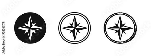 Simple compass rose icon set in multiple styles, representing direction and navigation.