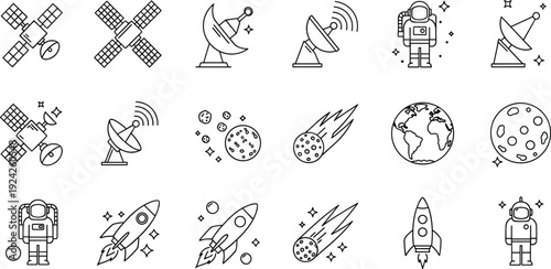 Space Exploration and Astronomy Outline Icon Set Featuring Satellites, Rockets, Astronauts, Planets, Comets, and Communication Dishes for Science and Technology Designs