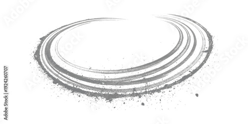 Abstract grey circle shape with splattered particles and dynamic motion blur effect on white background