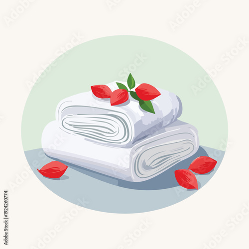 Folded white towels with red petals on light background