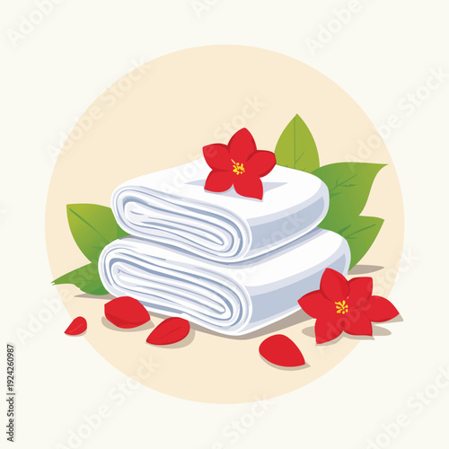 Folded white towels adorned with flowers and leaves