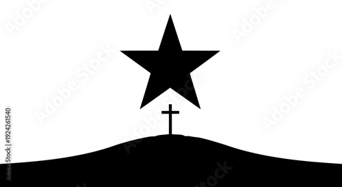 Black silhouette of a star and a Christian cross on a rolling hill, isolated white background