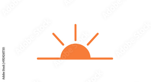 Minimalist orange sunrise or sunset icon with radiating lines above a horizontal line, symbolizing new beginnings or endings, on an isolated white background.