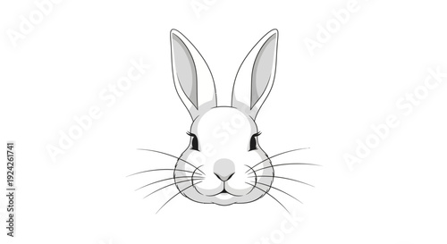 Detailed illustration of a cute white rabbit's head with long ears and whiskers, looking forward, on an isolated white background.