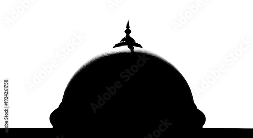 Striking silhouette of a mosque dome and minaret against an isolated white background, symbolizing Islamic architecture, religion, and spirituality.