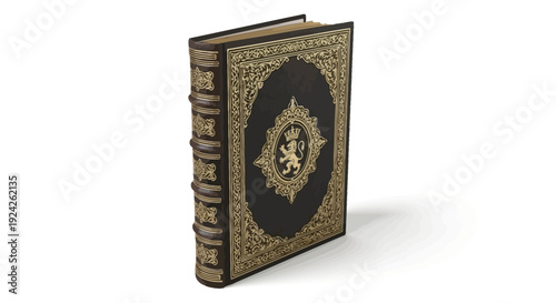 Ornate Antique Book with Gilded Gold Details and a Lion Emblem on a Dark Cover, Isolated on a White Background