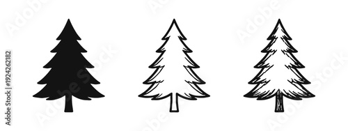 Fir tree icons set. Christmas and forest symbols in solid, outline, and doodle styles.