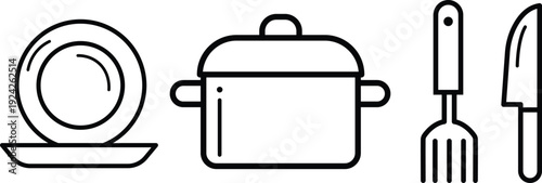 Black and white line of plate pot spatula knife