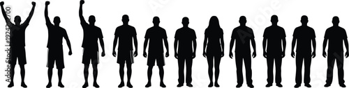 Black silhouette illustration of twelve people in diverse postures symbolizing identity, diversity, celebration, individuality, and representation themes