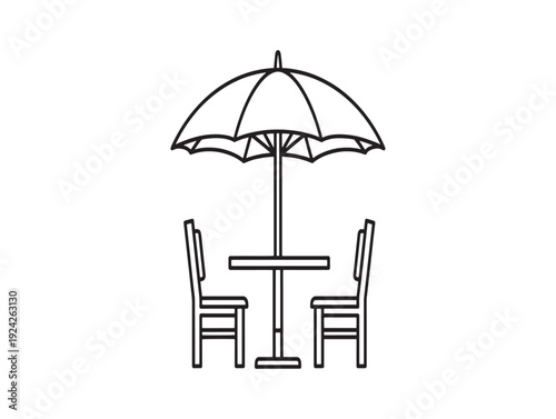 A simple line drawing of an outdoor table with two chairs and umbrella
