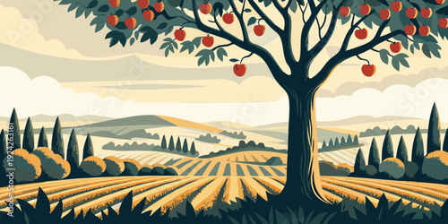 A stylized illustration of a tree laden with fruit in a landscape