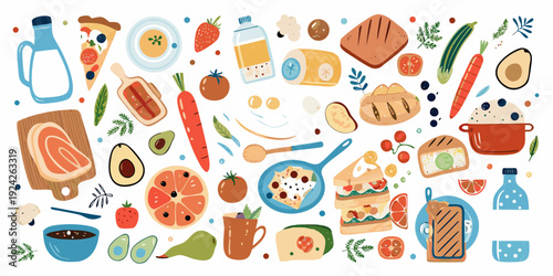 Colorful illustration depicting a variety of healthy foods and ingredients