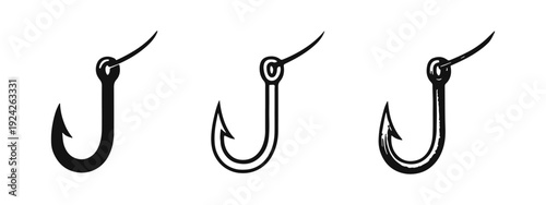 Fishing hook icon set in solid, outline, and hand-drawn doodle styles, representing angling and outdoor recreation.