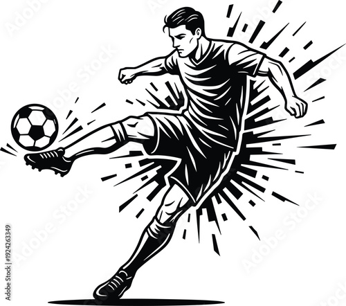 Dynamic Football Player Silhouette: Action Illustration of a Soccer Player Performing a Power Kick with Exploding Motion Graphics for Sports and Athletics Concept