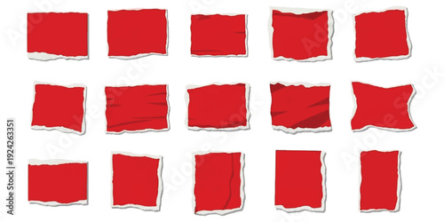 A collection of fifteen red paper squares, each featuring unique torn edges, arranged in a grid