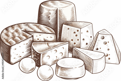 An assortment of cheeses and eggs in a vintage sketch style