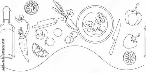 Line art illustration of fresh produce cooking utensils and ingredients