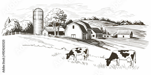 A vintage farm scene depicting a barn silo and grazing cows