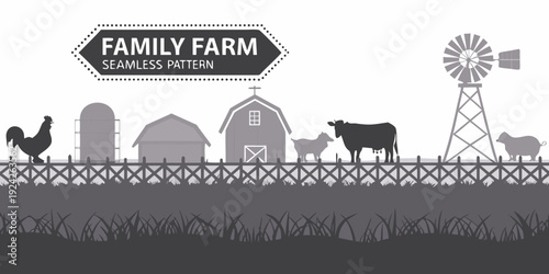 A grayscale seamless pattern depicting a classic family farm scene