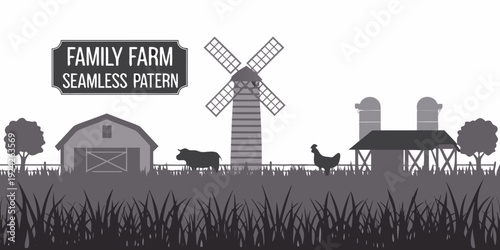 A monochrome farm scene featuring a windmill barn and grazing animals
