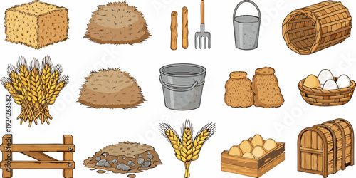Collection of farm elements including grains soil and containers