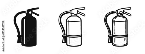 Fire extinguisher icon set with silhouette, outline, and hand-drawn doodle styles for emergency and safety graphics.