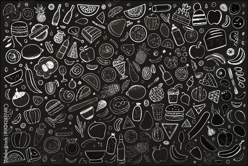 A whimsical black and white doodle collection of various food items