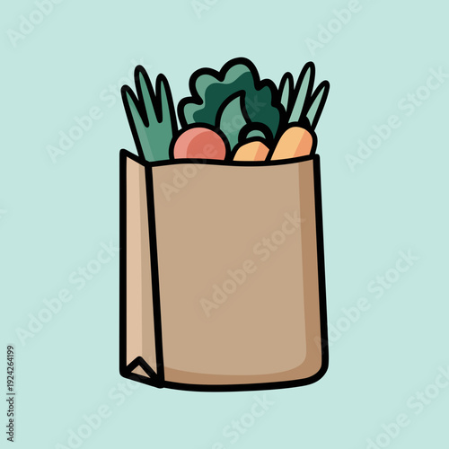 A brown paper bag overflowing with fresh vegetables and produce