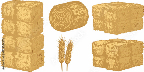 Illustration of hay bales wheat and a round bale of straw