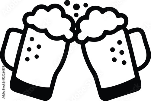 Two mugs of frothy beer clink together in a simple black and white illustration high-quality
