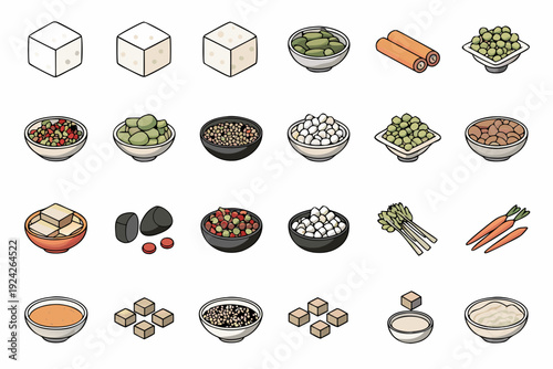 Isometric food illustrations featuring cubes bowls and various ingredients