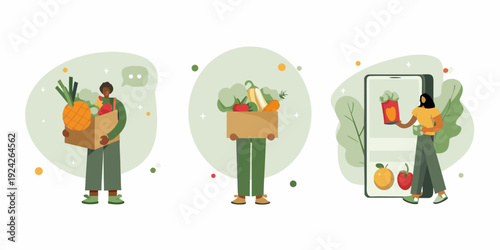 People shopping for groceries and using a smartphone for online orders